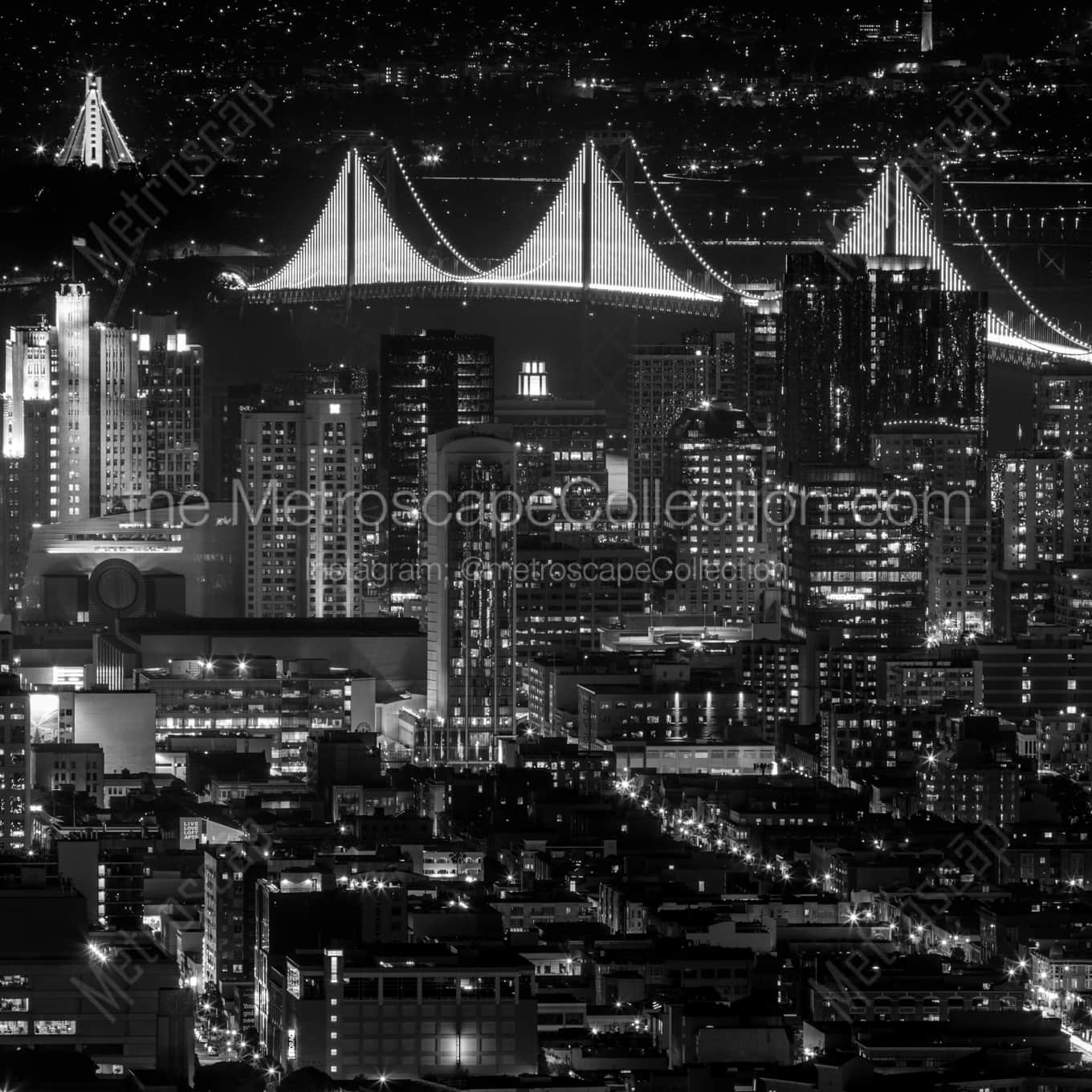 Fully Illuminated Bay Bridge Night black and white: Square crop